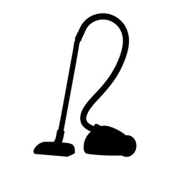 Vacuum cleaner silhouette with a hose, head, and body, on white background