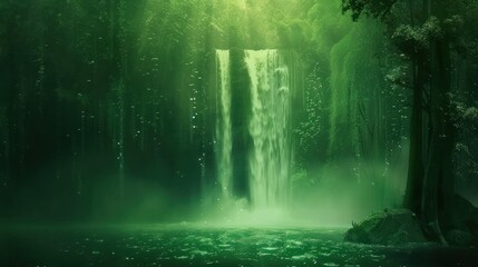 Serene Green Forest Waterfall in Mystical Nature Scene with Sunlight Filtering Through Trees