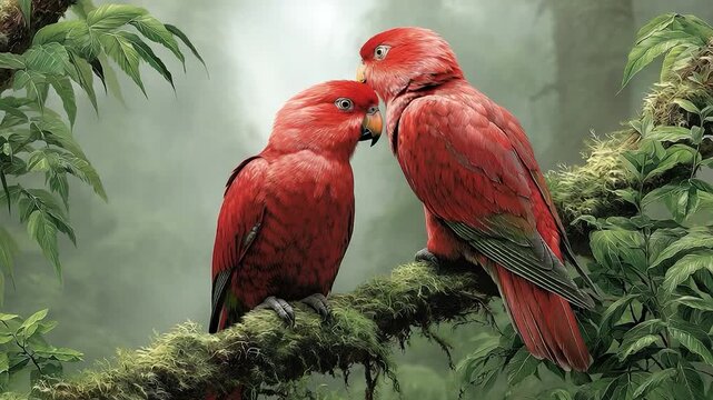 Two red parrots perched on mossy tree branch in a lush jungle