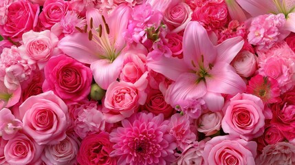 A Vibrant Bouquet of Pink Flowers Showcasing a Beautiful Array of Roses, Lilies, and Other Blossoms in Vivid Shades of Pink, Perfect for Celebrating Life and Beauty.