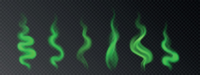 Vector realistic stinky, bad smelling green smoke. Set of wavy fog or steam effect isolated on transparent background