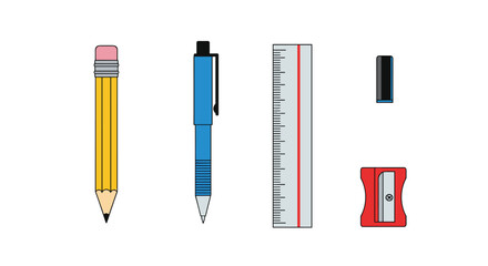 Essential school and office supplies including a pencil pen ruler sharpener and cap for creative projects and learning, Generative AI.