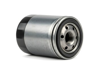 High-quality cylindrical automotive oil filter with black metal casing on white background. Professional grade car engine filter for optimal vehicle maintenance and performance.