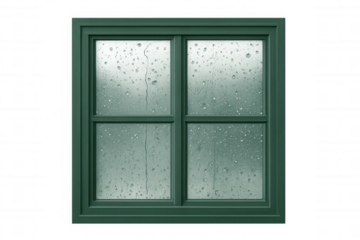 Rain falling on a transparent green window, evoking a cozy and wistful mood
