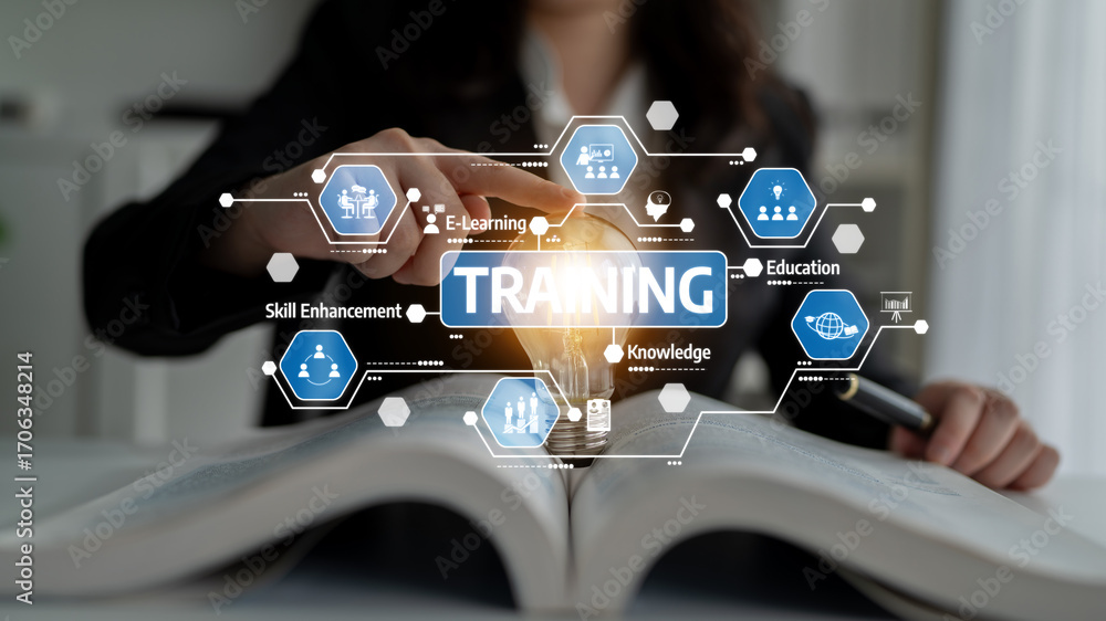 Poster a conceptual visual representation of training and education featuring a light bulb on an open book,