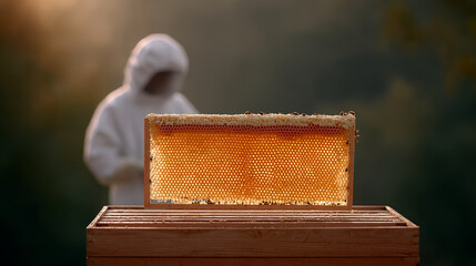 Honeycomb frame with golden honey cells on wooden base, beekeeper in white suit working in background, natural beekeeping