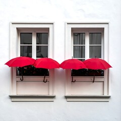Fototapeta premium Two white windows with red umbrellas