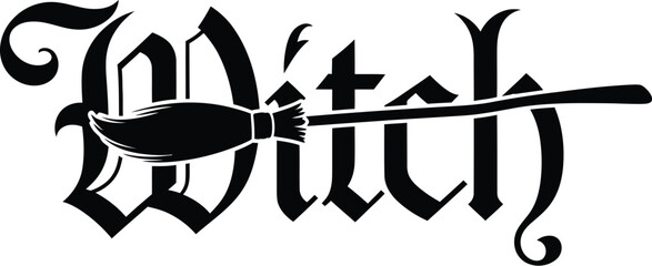 Witch text design with a broomstick perfect for halloween themed designs use