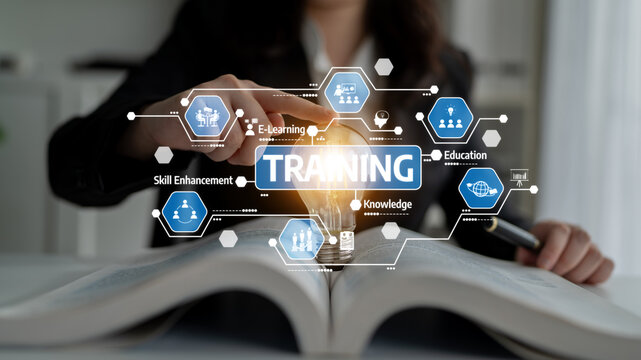 A conceptual visual representation of training and education featuring a light bulb on an open book, surrounded by graphics illustrating skill enhancement and e-learning. Tessel