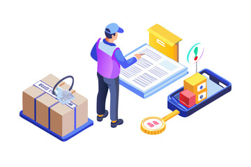 Delivery man checking package details and weighing parcel with digital scale and smartphone