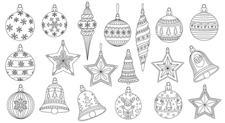 Collection of festive hand-drawn Christmas ornaments with intricate patterns and holiday motifs