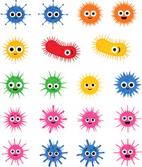 Cute colorful cartoon virus and bacteria characters set, smiling microbes with different emotions and expressions.