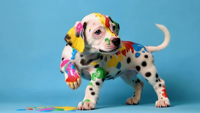 Spotted Juvenile Dog Appearing as if Covered in Paint Stains on Solid Colored Backdrop