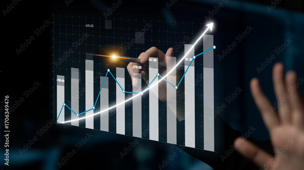 Poster a modern office environment showcasing a transparent growth graph being manipulated by a hand on a d
