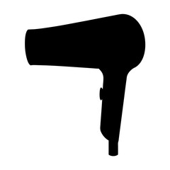 A minimalist black silhouette illustration of a hair dryer on white background
