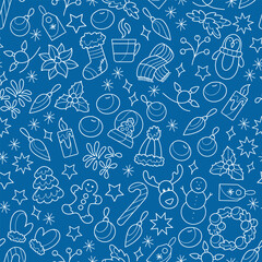 Christmas seamless pattern on a blue background, winter holiday decorative pattern, Christmas background, doodles pattern design, winter elements wrapping paper, cute cartoon digital paper design