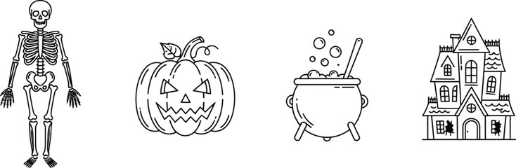 Halloween icons featuring a skeleton pumpkin cauldron and spooky haunted house