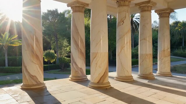 Grand pillars constructed from veined stone captured in strong daylight creating extended shaded areas on the paved ground with view to exterior greenery