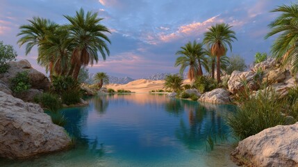 Obraz premium Serene Desert Oasis with Palm Trees and Calm Water at Sunset