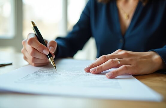 Woman signs legal document with pen. Close-up on hands writing will or testament. Paperwork and pen on desk. Inheritance planning, legal contract, business agreement.
