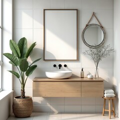 Obraz na płótnie Canvas Modern bathroom interior mockup featuring large blank poster frame above floating vanity with sink. Natural light streams in from window, illuminating potted plant, decorative mirror. Clean, stylish