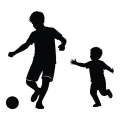 Father and son playing soccer silhouette dynamic action kids sports fatherhood family bonding outdoor activity togetherness silhouette