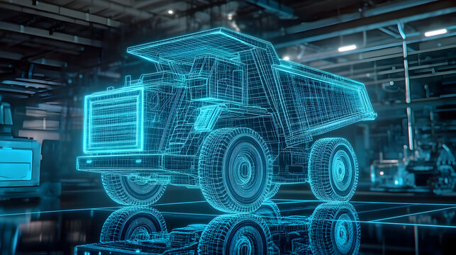 Futuristic holographic wireframe of a heavy duty dump truck in a modern industrial setting - Powered by Adobe