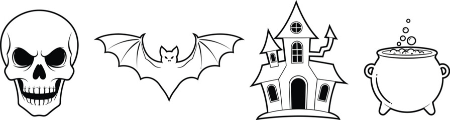 Halloween icons including skull bat haunted house and cauldron on white background