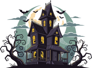 Spooky haunted house with bats flying in front of a full moon on halloween night