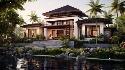 Obraz premium Luxurious villa architecture surrounded by tropical greenery and tranquil pond reflecting the