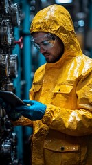Worker in protective suit uses tablet amidst industrial equipment.  Detailed view of his attire and task