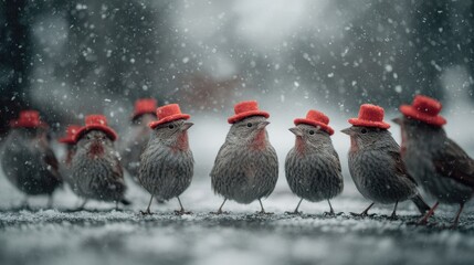 Naklejka premium Group of small birds wearing red hats standing together in the snow during a winter snowfall