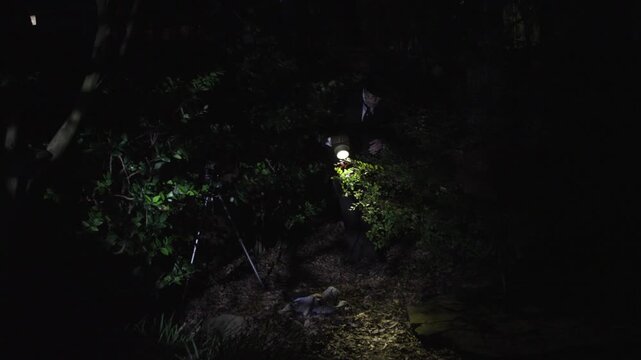 victorian detective using a flashlight to light a dark murder scene