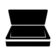 Black silhouette icon representing an open flatbed scanner device for digitizing documents