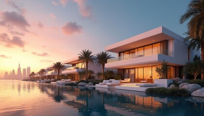 Fototapeta premium Modern villas on Palm glow during radiant night scene with Dubai skyline. Luxury waterfront architecture on artificial island. Exclusive property with ocean views, city landscape, wealth, glamour,