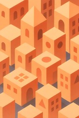 Naklejka premium Warm Minimalist Isometric Cityscape: Abstract Geometric Block Pattern, Peaceful Urban Design