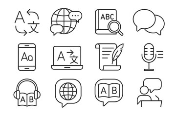 Linear language icons. Includes microphone, scroll, person speech, headphones, arrows and magnifier. Minimal outline collection for learning and translation. © VectorGomes