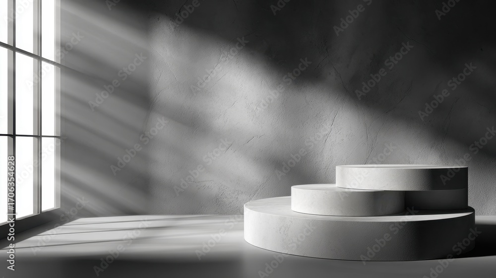 Aufkleber modern display setting with light and shadows creating dramatic effects in a minimalist space