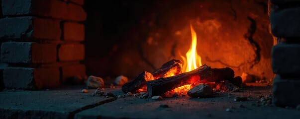 Obraz premium A single, smoldering ember rests in a dark, empty fireplace, signifying the end of a fire, isolation, and the feeling of being alone , moody, ashes