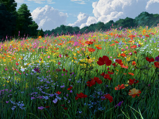 Vibrant Wildflower Field Landscape with Clear Blue Sky
