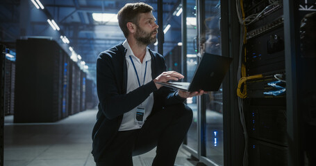 IT specialist working on laptop in data center