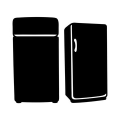 Two modern stylized refrigerators stand side by side in black and white