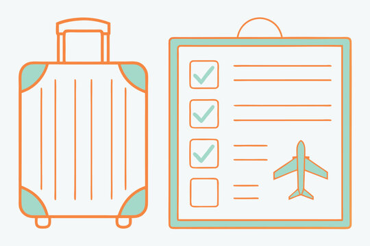 Suitcase and travel checklist with airplane isolated on white background