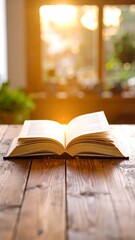 Open book on wooden table, sunlight through window