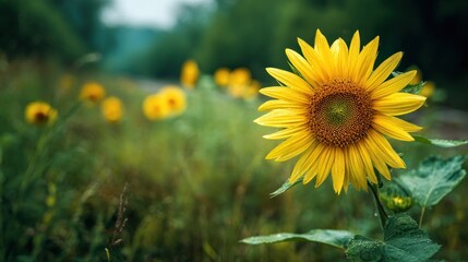 Obraz premium Radiant sunflower in a lush green field, conveying warmth and natural beauty for springtime