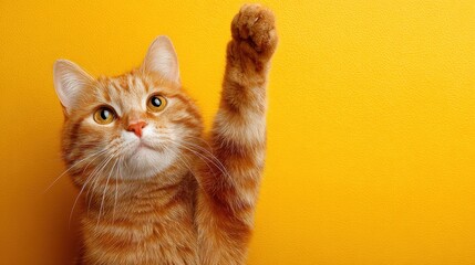 Orange tabby cat playfully reaching up toward a bright yellow wall during a sunny afternoon