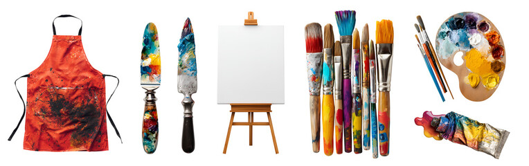 Set of painter artist art tool essential supplies, paintbrush brush, acrylic oil paint tube palette, knife, easel canvas, smock apron, isolated on transparent cutout PNG. Many different mockup	

