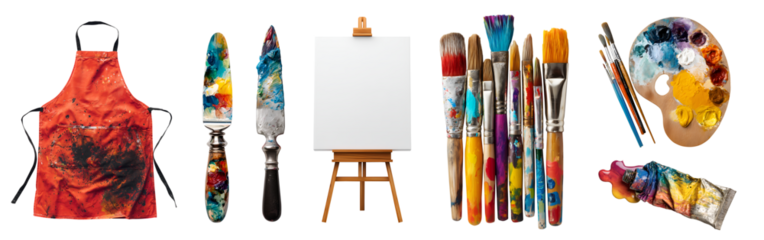 Set of painter artist art tool essential supplies, paintbrush brush, acrylic oil paint tube palette, knife, easel canvas, smock apron, isolated on transparent cutout PNG. Many different mockup	

