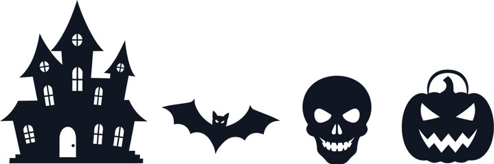 Spooky halloween silhouettes of haunted house bat skull and jack o lantern icons
