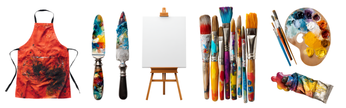 Set of painter artist art tool essential supplies, paintbrush brush, acrylic oil paint tube palette, knife, easel canvas, smock apron, isolated on transparent cutout PNG. Many different mockup	

